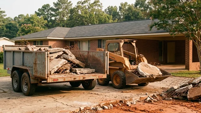 Skid steer loading broken slab concrete into a dump trailer in front of a brick ranch house in Tuscaloosa, Alabama