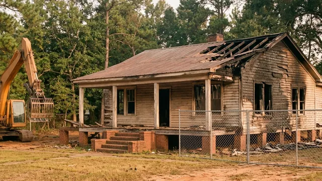 Fire-damaged frame house with a burned-through roof on brick piers behind chain-link fence in Tuscaloosa, Alabama