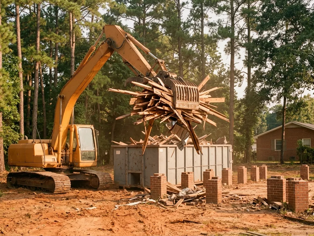 Excavator loading framing from a demolished house into a roll-off beside brick piers in Tuscaloosa, Alabama