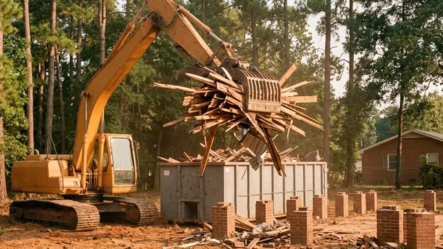 Excavator grapple dropping broken house framing into a roll-off beside a row of brick piers in Tuscaloosa, Alabama