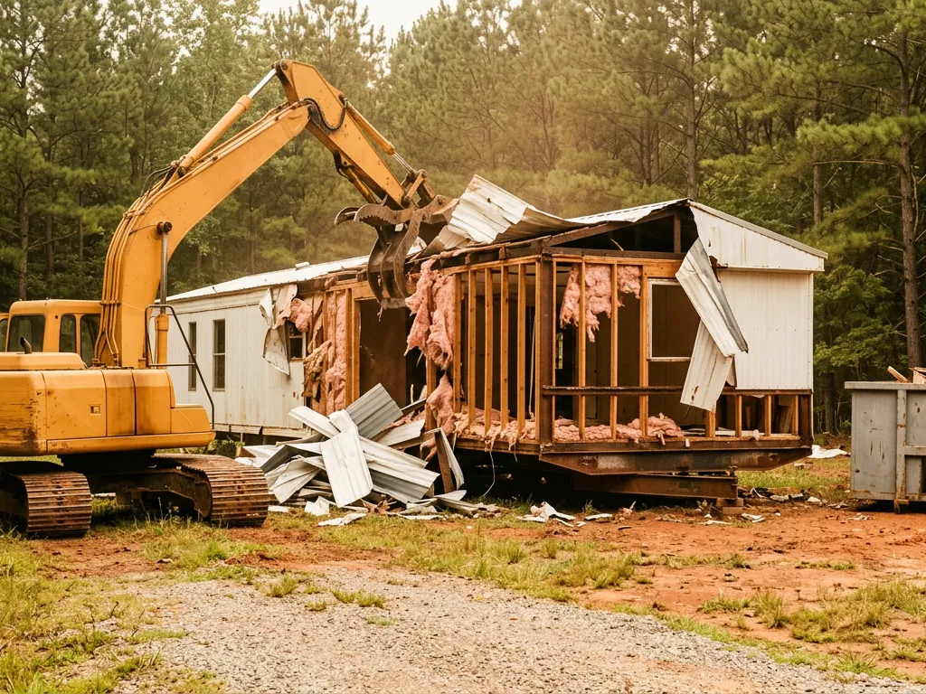 Single-wide mobile home torn open to its studs and steel chassis on a wooded lot in Tuscaloosa County, Alabama